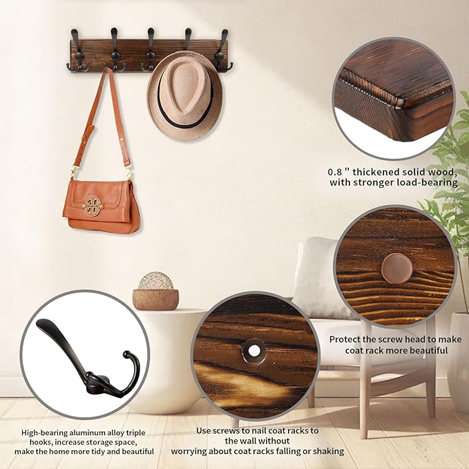 Coat Rack Wall Mount 16.8'' Rustic Hat Rack with 5 Triple Hooks Coat Hooks Wall Mount Farmhouse Wall Hooks for Hanging Coat, 