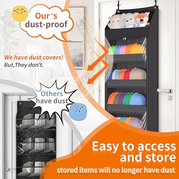 Toread 7-Layer Door-Mounted Baseball Cap Organizer, Dust-Proof Hat Rack Holds 90 Hats, Adjustable Non-Slip Hooks, Multi-Purpo