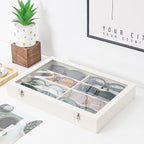 Coward Sunglass Organizer Tray Box, Beige Velvet Grids Eyeglasses Display Tray Case with Transparent Glass Lid for Home Use o