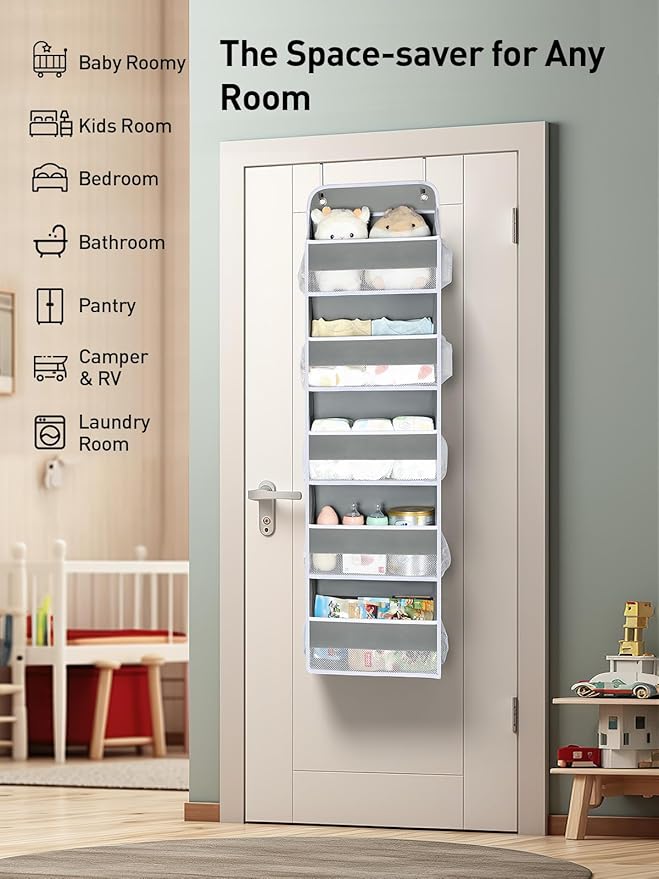 Yecaye 1 Pc Over the Door Organizer with 5 Bins 10 Side Pockets, 44lbs Load Hanging Bathroom and Bedroom Organizer, behind th