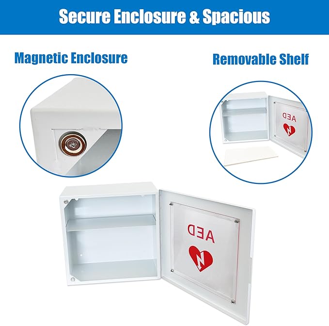 Non Alarmed AED Defibrillator Wall Mounted Storage Cabinet - 14.5'' x 7'' x 13.75'' Steel AED Holder Defibrillator Cabinet fo