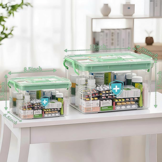 ANYPROLUS 2 Pack Clear Medicine Organizer Box with Handle, Plastic Medicine Container with Tray First Aid Box Empty, Thickene
