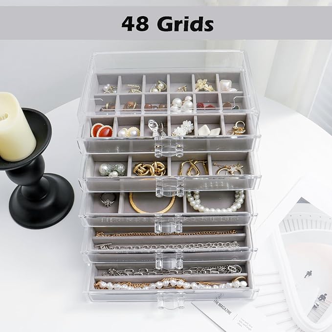 YUFONG Jewelry Organizer with 5 Drawers Clear Acrylic Earring Display Case Velvet Jewelry Storage Box Display Holder for Earr