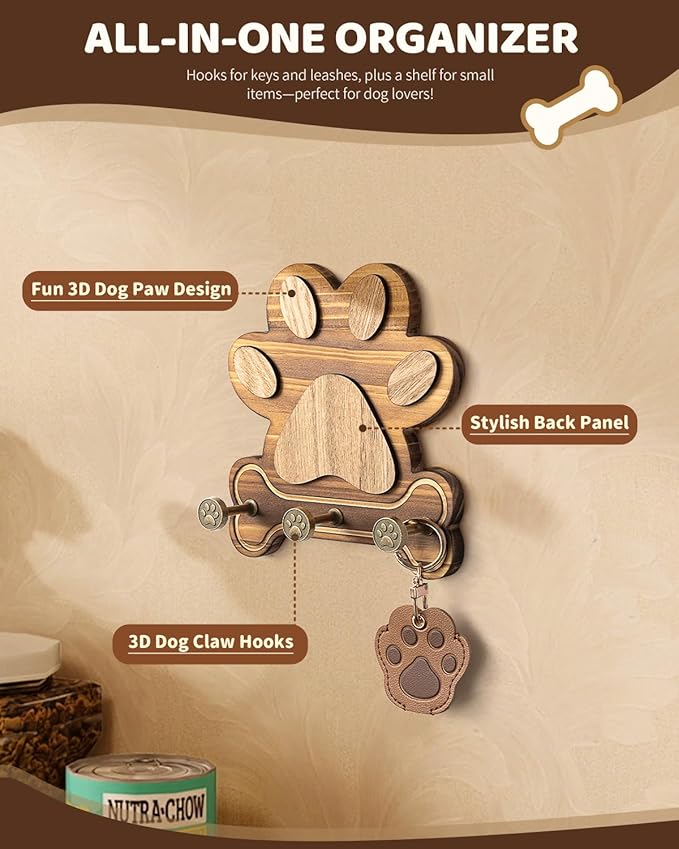 MTERSN Pine Wood Dog Leash Holder for Wall – Cute Hooks for Dog Leash Hanger & Key Holder for Entryway, or Living Room – Rust