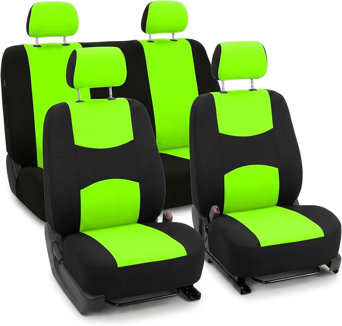 FH Group Bright Flat Cloth Full Set Automotive Seat Covers Front Set and Rear Solid Bench Green Black Seat Covers w. Gift Uni