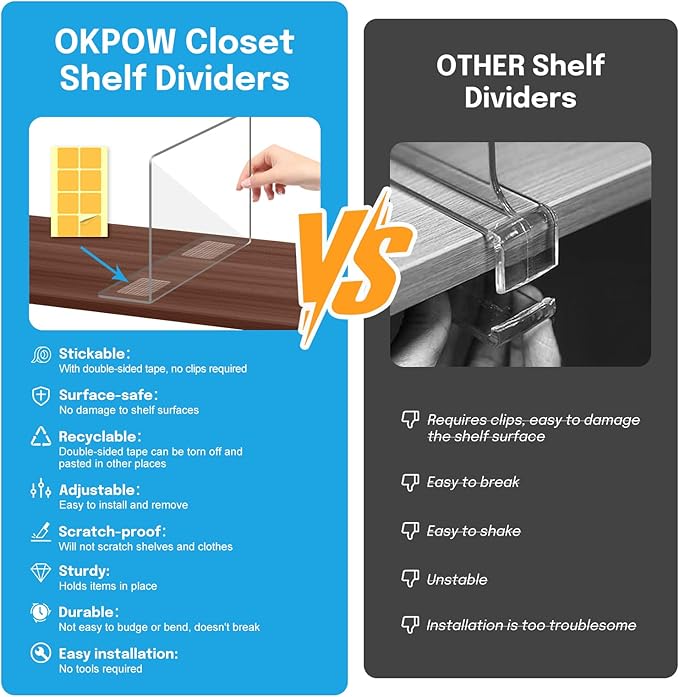 OKPOW Shelf Dividers Closet Organizer - 7.5" Tall X 11.8" Deep Acrylic Clear Sturdy Separate for Clothes Purse - Adjustable S