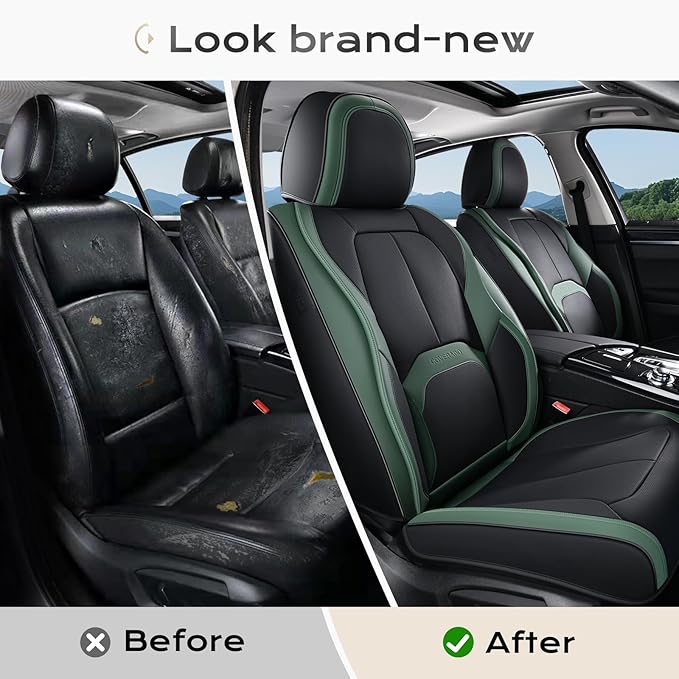 Coverado Automotive Seat Covers Front Seats, Leather Seat Covers 2 Pack, Black Green Car Seat Cover, Waterproof Car Seat Prot