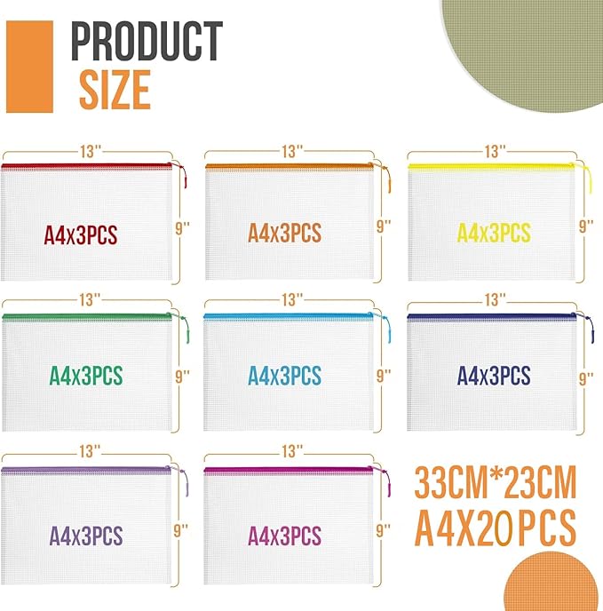 20PCS Mesh Zipper Pouch Bags, A4 13x9 Inches Waterproof Mesh Bags with Zipper, Plastic Zipper Pouch for Organizing, Mesh Bag 