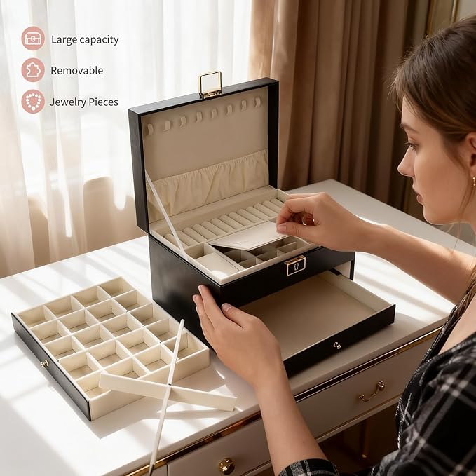 Greenfeather Jewelry Boxes for Women, Jewelry Organizer Box with Lid 3 Layers for Necklaces Rings Earrings and Bracelets Box 