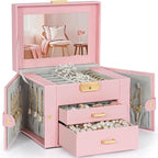 TORIBIO Jewelry Box for Women, Leather Jewelry Organizer with Mirror & Lock, 3-Tier Jewelry Storage Organizer with 2 Drawers 