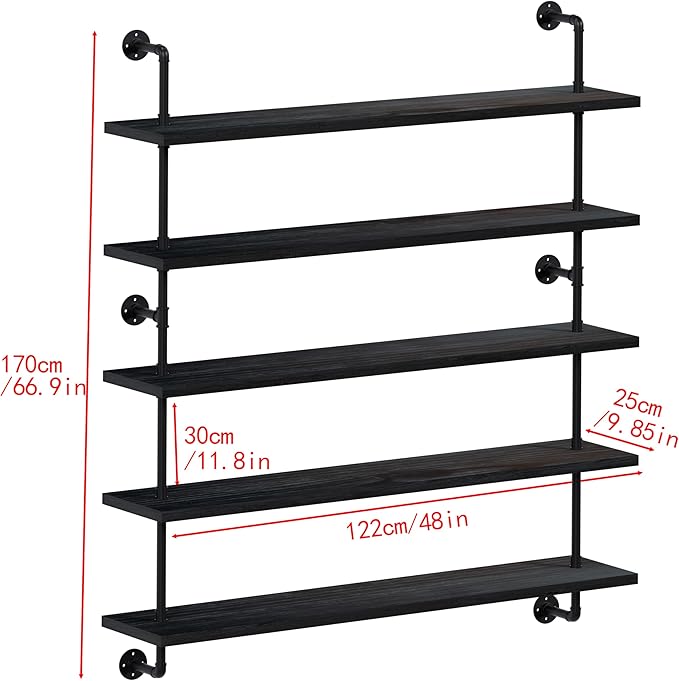 Floating Shelves for Wall Bookshelf Industrial Pipe Shelving Shelves 48 Inch 5 Tier Natural Wood Planks Rustic Wall Shelves H