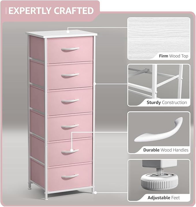 Sorbus Fabric Dresser for Kids Bedroom - Chest of 6 Drawers, Tall Storage Tower, Clothing Organizer, for Closet, for Playroom