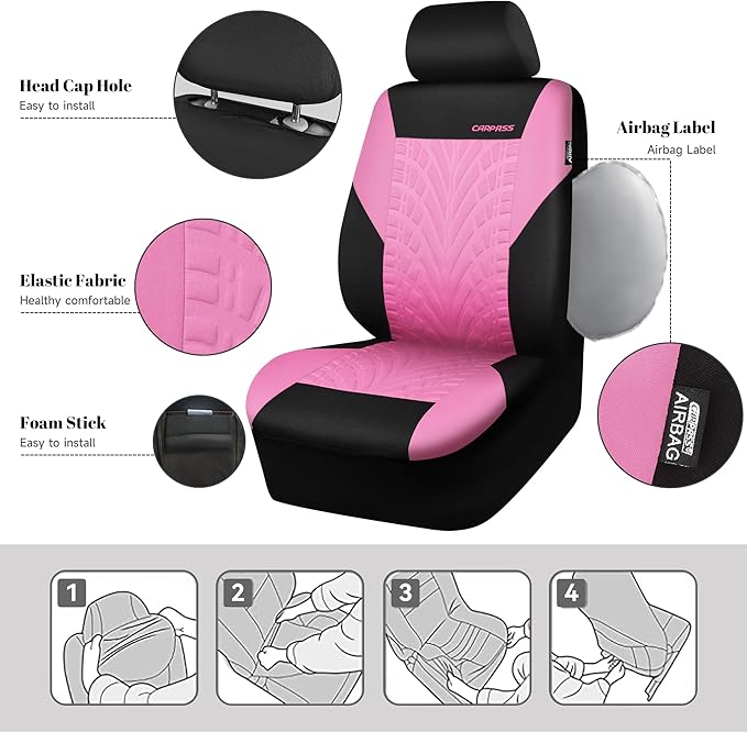 CAR PASS Car Seat Covers Two Front Only for Car, 3D Tyre Print Automotive Interior Covers, Airbag Compatible, Quick Setup Uni
