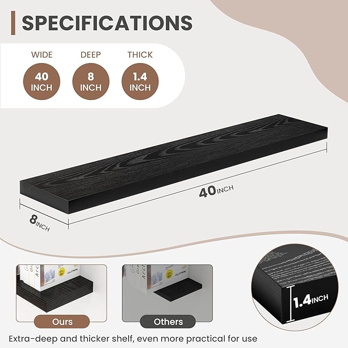 40 Inch Floating Shelves, 8 Inch Deep Floating Shelves for Wall, Hanging Shelf with Invisible Brackets, Deep Shelves for Bath
