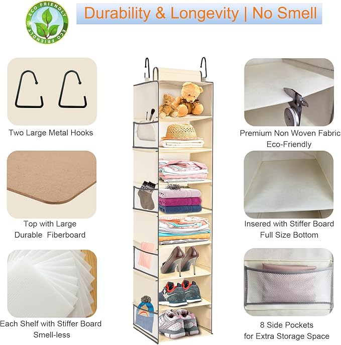 Large-Sized Hanging Shoe Organizer 8-Shelf, Hanging Closet Organizer with 8 Side Pockets, Wider Hanging Shelves for Storage S