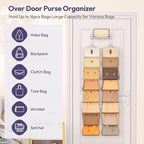 SWTYMIKI Over the Door Purse Organizer - Wall Mounted Handbag Organizer with 16 Hooks and Metal Basket, Hanging Purse Storage