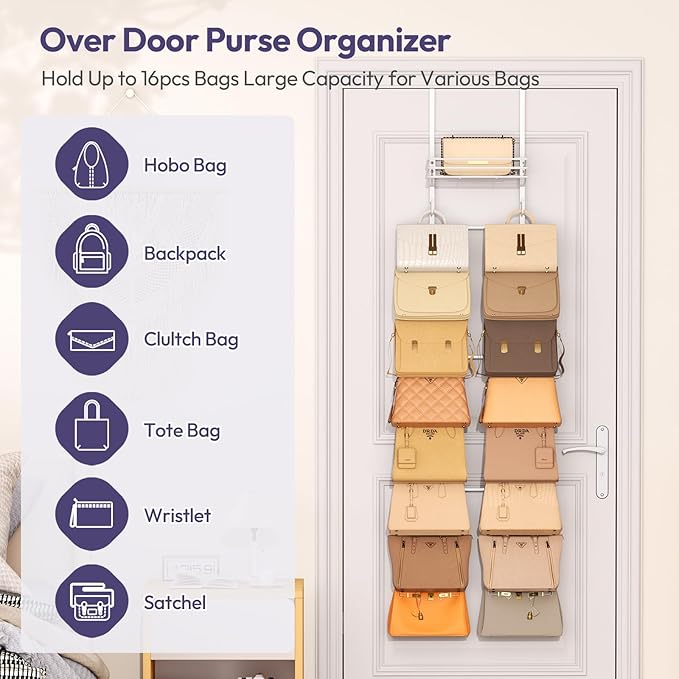 SWTYMIKI Over the Door Purse Organizer - Wall Mounted Handbag Organizer with 16 Hooks and Metal Basket, Hanging Purse Storage