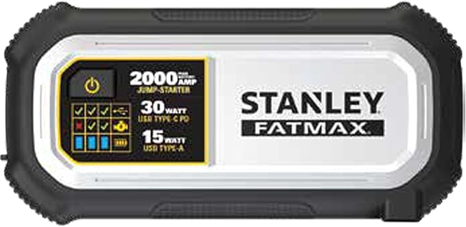 STANLEY FatMax LJ20F 2000 Peak Amp Lithium Jump Starter, 30 Watt USB Type-C PD, 15 Watt USB Type-A: Smart Controller and