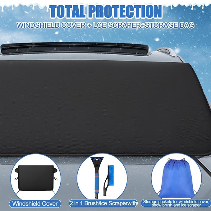 Windshield Cover for Ice and Snow Kit Winter Car Essentials 600d Oxford Snow Cover with Ice Scraper Brush Storage Bag Winter Car Accessories Frost Hail Protector for Sedan Truck SUV and Mpv