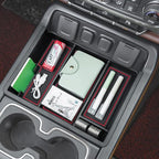 PIMCAR Center Console Organizer Tray for 2014-2018 Chevy Silverado GMC Sierra 1500 & 2015-2019 2500HD/3500HD Models - Custom Fit Storage Insert Accessories - Red Trim