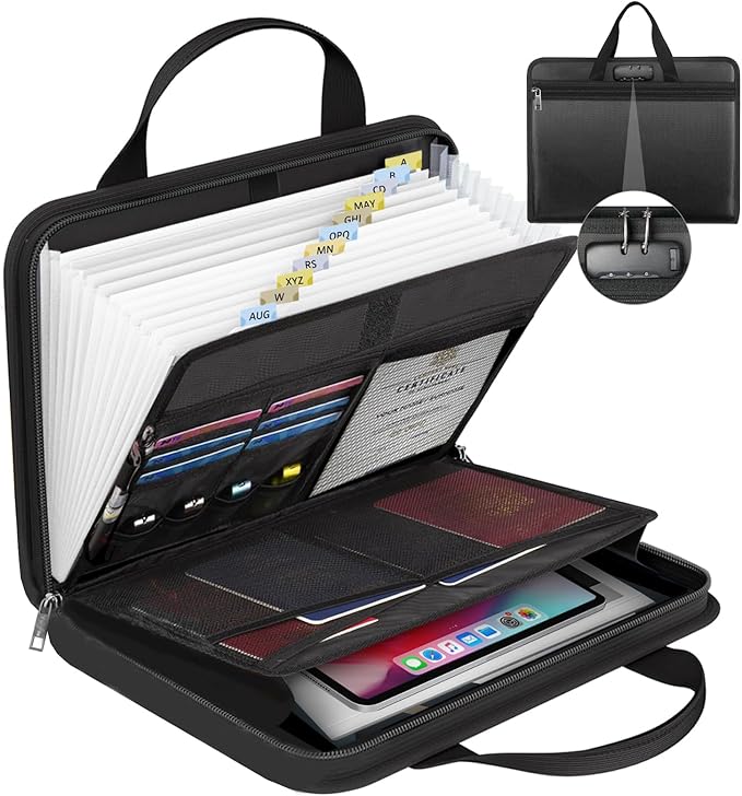 onvvippiv File Organizer Fireproof Expanding Accordion File Folder with Lock Zipper Labels13 Pockets Document Organizer Holde