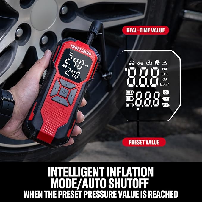 CRAFTSMAN Tire Inflator Portable Air Compressor, Cordless Mini Air Pump for Car Tires with Digital Tire Pressure Gauge, 6000mAh Battery Powered Air Pump, Max Pressure 150 PSI, 12V DC Corded
