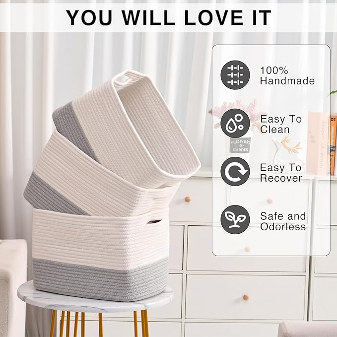 ICERZCZ Storage Baskets for Organizing Shelves, Woven Cotton Rope Bins for Baby Nursery Organization, Book Toy Towel Organize