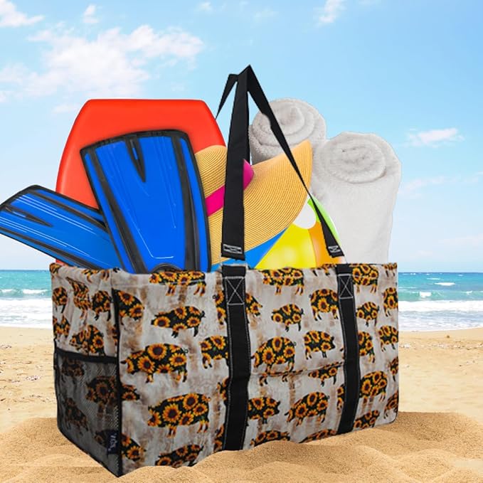 NGIL Extra Large Utility Tote Reusable Grocery Bag Oversized Collapsible for Groceries, Storage, Picnic, Beach (Sunflower Pig-black)