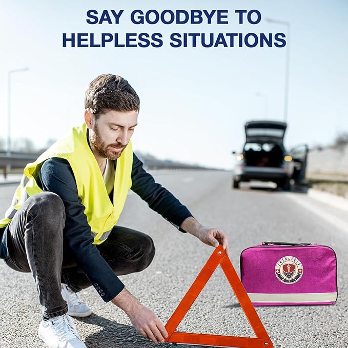 Roadside Car Emergency Kit - First Aid Set, Jumper Cables, Tow Strap, LED Flash Light, Rain Coat, Tire Pressure Gauge, Safety