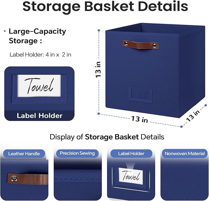 FinishingBo 6-Pack Storage Cubes with Handles & Label Holders Basket, Closet Cube Home Organizer Bins(Blue, 13 x 13 x 13 inch