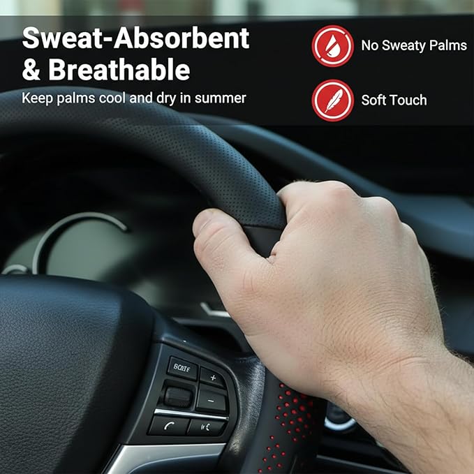 Leather Steering Wheel Cover for Chevy Silverado 1500 2500 3500, for GMC Sierra 1500 2500 3500, for Toyota RAV4 Corolla Camry