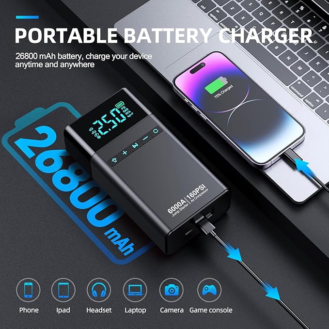 10-in-1 Portable Car Battery Jump Starter with Air Compressor, 6000A 160PSI Portable Car Jumper Starter (All Gas 12L
