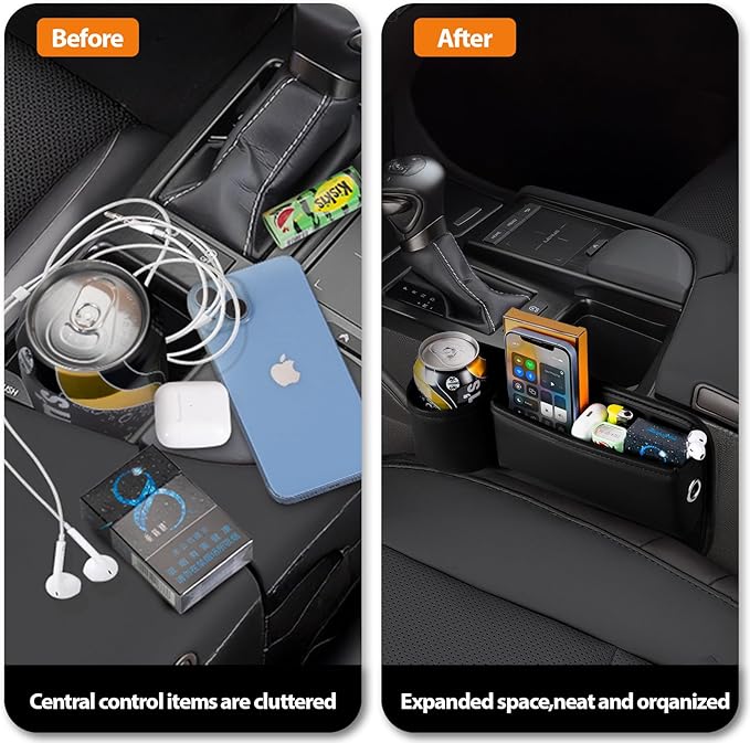 2 Pack Leather Car seat Gap Filler Organizers for Front Seat,Seat Gap Storage with Cup Holder and Storage Box for Phones,Keys,Glasses etc.Suitable for various car models (with cup holder)
