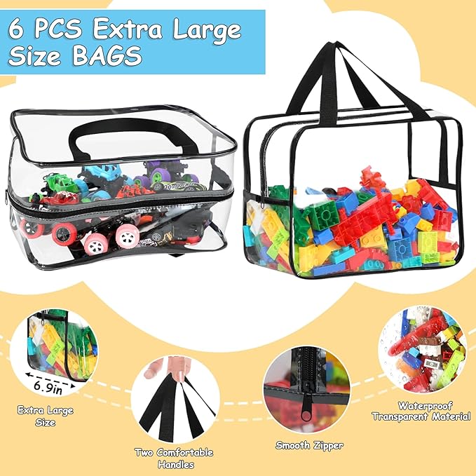 6 Packs Widen X-Large Toy Storage Bags 12.6×9.25×6.9In with Labels, Reusable Clear PVC Board Game Storage, Travel Waterproof 