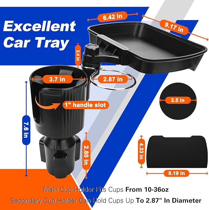 Aucurwen Cup Holder Tray for Car, 360° Rotating Car Tray, Car Food Table Tray for Eating with Solid Base & Phone Slot, Car Cup Holder Expander for Road Trip Essentials for Adults, ATCT-8
