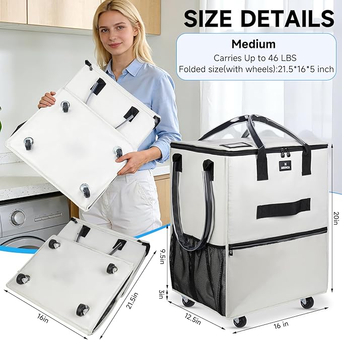 Reusable Grocery Bag On Wheels, 70L Foldable Rolling Tote with 6 Pockets & 3-Way Carry, Heavy Duty Handles, Zippered Top for Groceries, Laundry, Storage, Medium, Beige