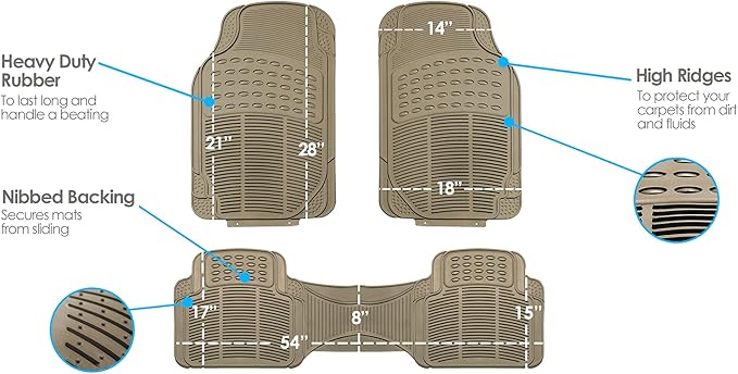 FH Group Trimmable Non-Slip Rubber Floor Mats 3 Row Set - Universal Fit for Cars Trucks and SUVs (Beige) F11305 + F16400