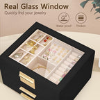 3-Layer Jewelry Box for Women, Jewelry Organizer with Glass Lid and Drawers, Jewelry Organizers and Storage for Necklaces, Ri