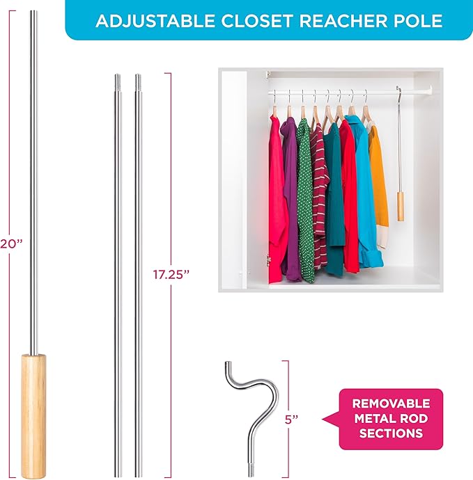 Closet Reacher Pole with Hook and Wooden Handle, Heavy Duty - Adjustable 2.75-5 Feet, Chrome Plated Steel Clothing Hanger She