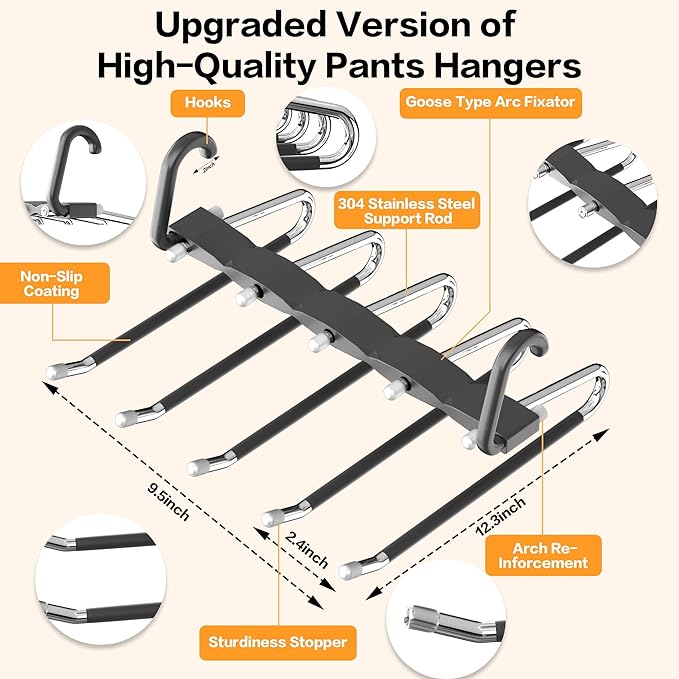 Pants Hangers Space Saving - 4 PCS Closet Organizer and Storage Jean Hangers, Stainless Steel Anti-Slip Clothes Hanger Scarf 