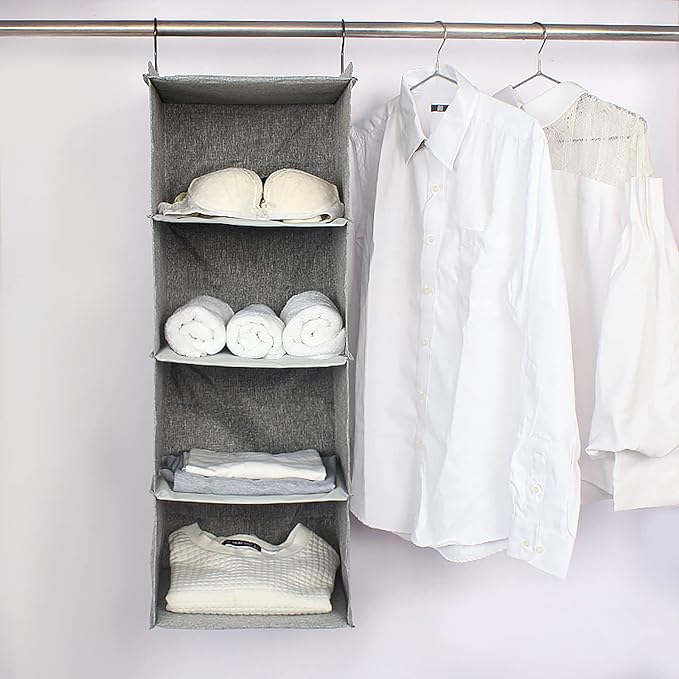Hanging Closet Organizer, Easy Mount Collapsible 4-Shelf Camper Closet Wardrobe Hanging Storage Shelves, Folded Clothes Towel