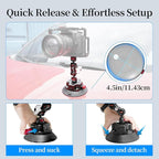 CNC Machined 4.5in Suction Cup Camera Mount with Ball Head Magic Arm, 1/4" ARRI Holes, Quick Release Car Mount with Phone Holder&Action Camera Adapter Compatible with DJI OSMO Pocket3 Insta360 iPhone