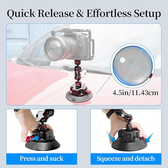 CNC Machined 4.5in Suction Cup Camera Mount with Ball Head Magic Arm, 1/4" ARRI Holes, Quick Release Car Mount with Phone Holder&Action Camera Adapter Compatible with DJI OSMO Pocket3 Insta360 iPhone