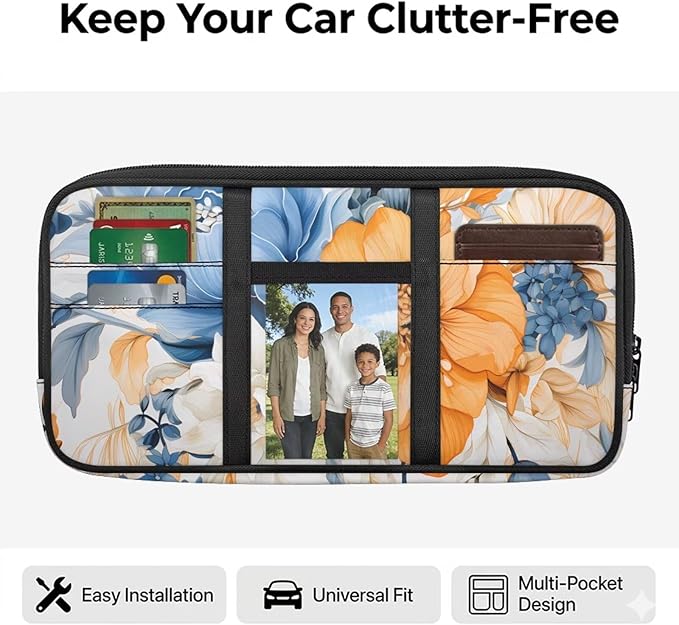 Floral Zippered Car Accessories Sun Visor Organizer with Adjustable Straps and Multi-Pocket Car Sun Visor Storage Bag with Picture Holder Easy Installation Universal Fit for Most Cars SUV