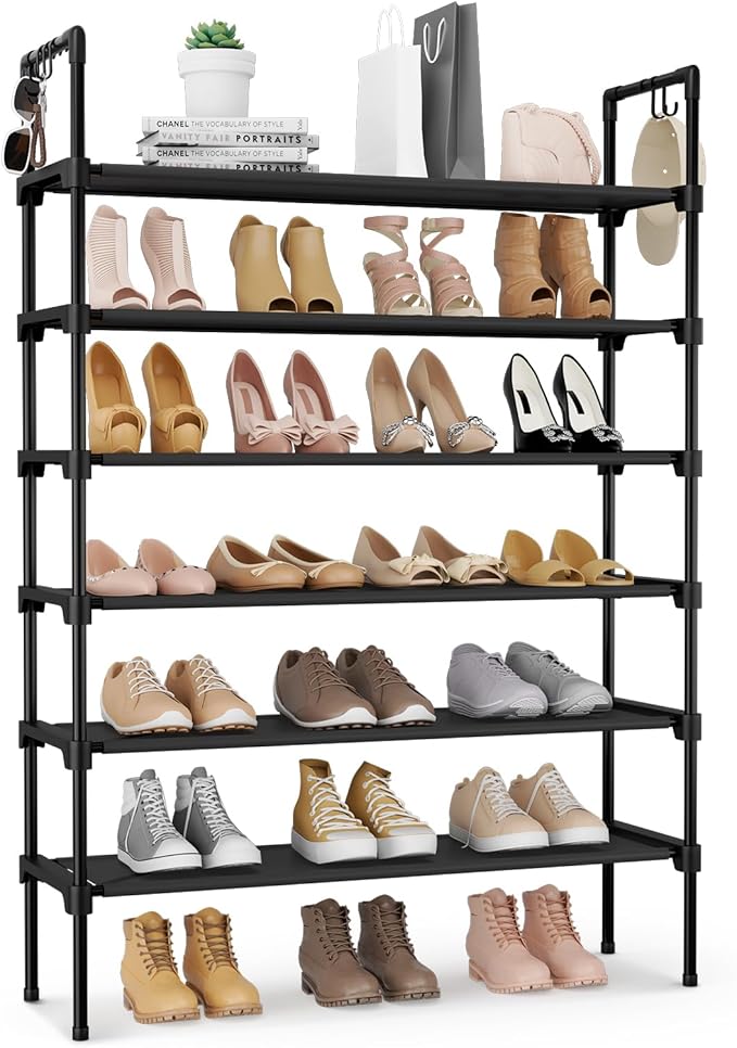 LANTEFUL 6 Tier Shoe Rack for Closet Shoe Organizer with 5 Hooks, Long Shoe Shelf Storage for Shoe and Boot Stackable Free St