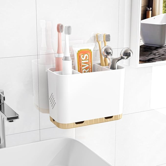 Toothbrush and Toothpaste Holders for Bathrooms Countertop - Detachable 5 Slots Kids Electric Toothbrush Holders Set Wall Mou