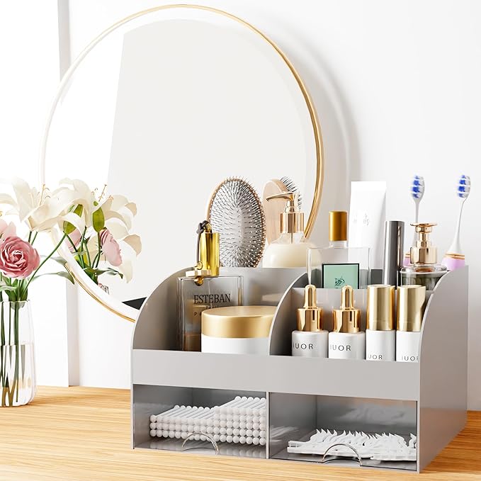 Makeup Organizer with Drawers, Cosmetic Storage for Dresser Vanity and Bathroom Countertop, Beauty Holder for Lipstick Brush,