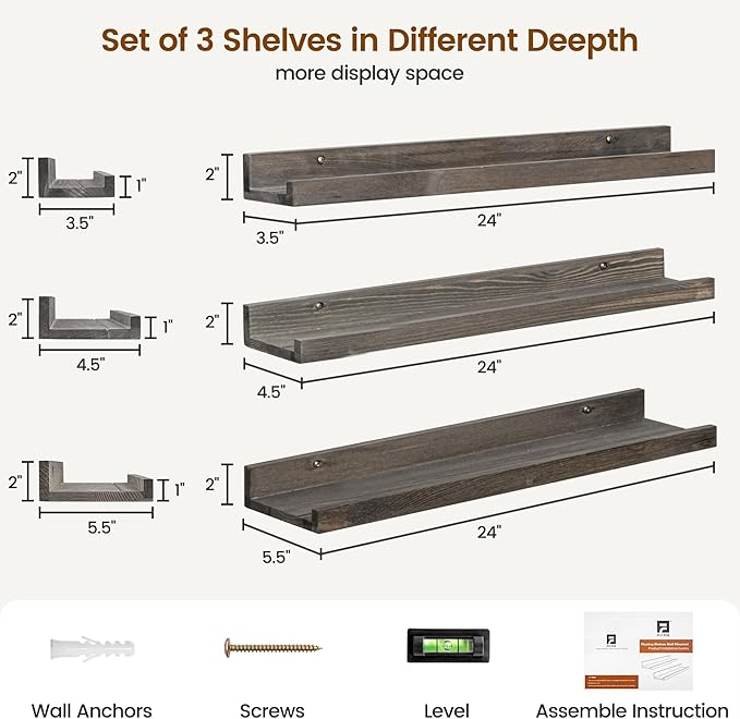 Picture Ledge Wall Shelves - 24 Inch Width Set of 3, Solid Pine Wood Rustic Floating Ledge Shelves for Kids' Room, Bedroom, K