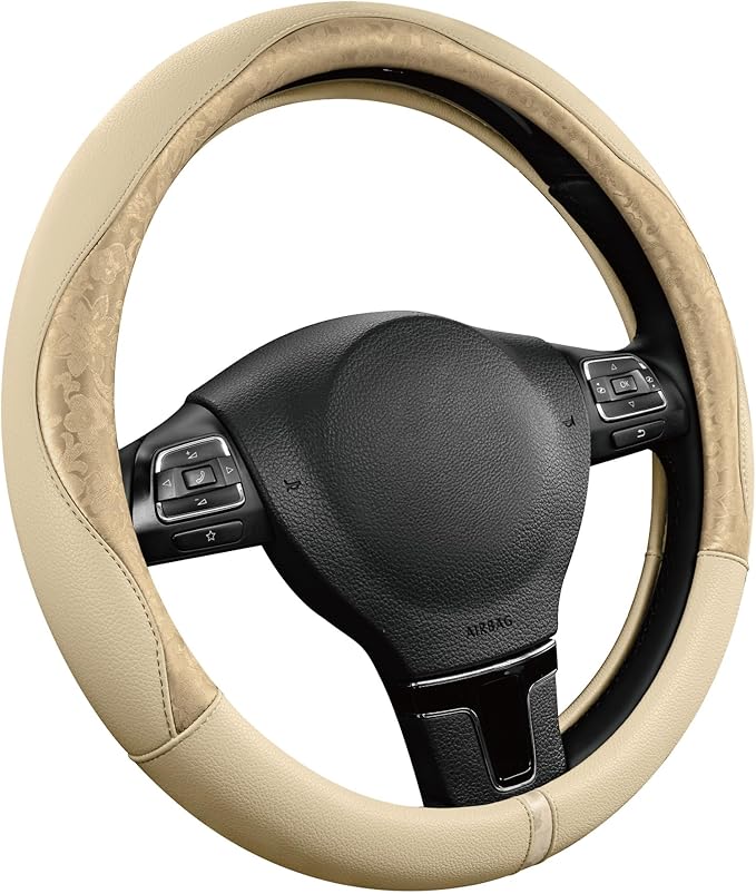 PIC AUTO Steering Wheel Cover, Gold Patterned Leather Patchwork Design, Universal Fit 14.5"–15.5", Anti-Slip, Odor-Free, Soft