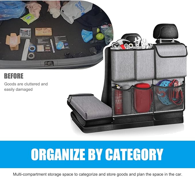 Hanging Car Trunk Organizer, Detachable Seat Back Storage Bag with Lids & 7 Large Pockets, Waterproof Space Saving Cargo